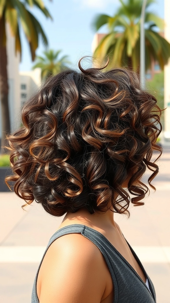A woman with shoulder-length curly layers, showcasing defined curls and a shiny finish.
