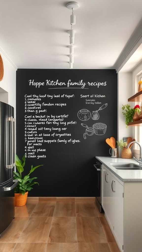 Open kitchen with family recipes written on a chalkboard.