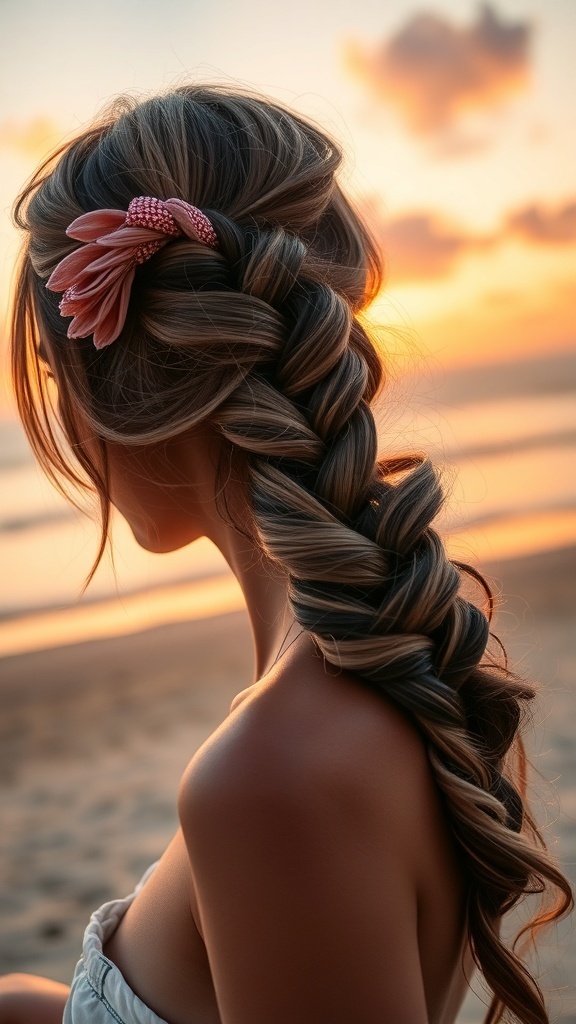 A woman with a side-swept braid adorned with glitter and a floral clip, sitting on the beach during sunset.