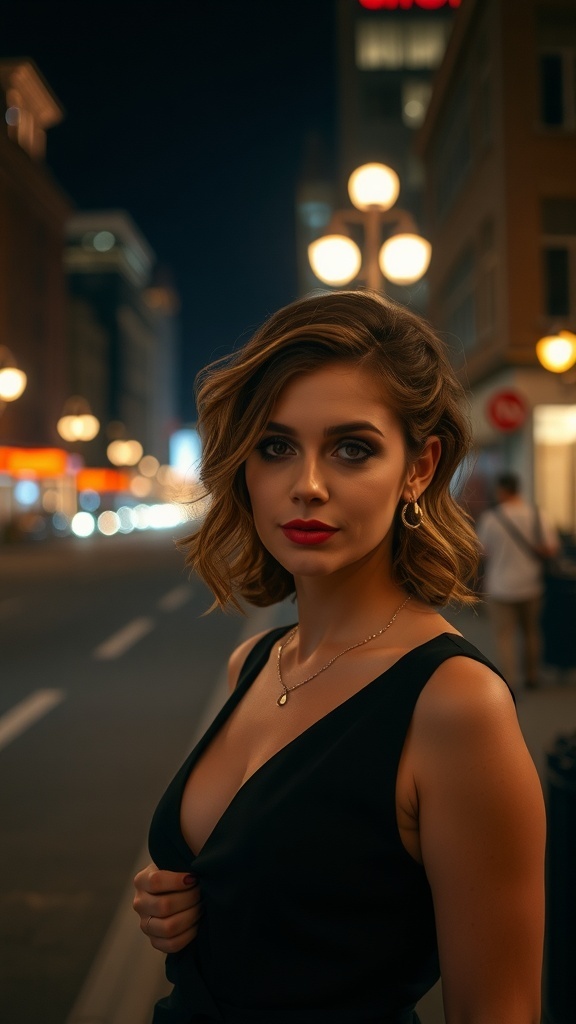 A woman with side-swept curls, wearing a black dress, standing on a city street at night.