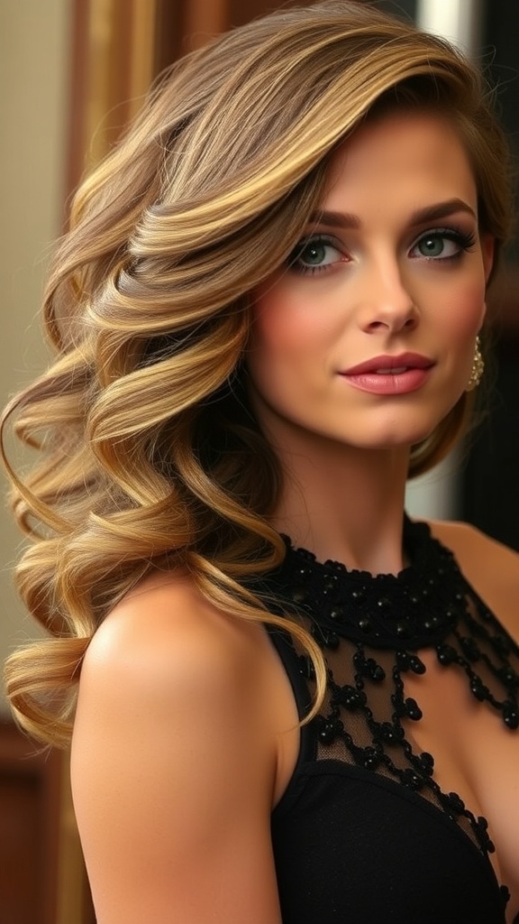 A woman with side-swept curls, showcasing a glamorous hairstyle.