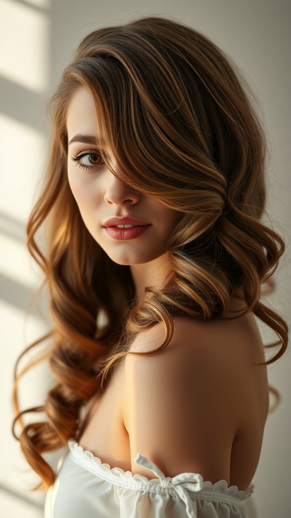 A model with side-swept curls, showcasing a soft and romantic hairstyle.