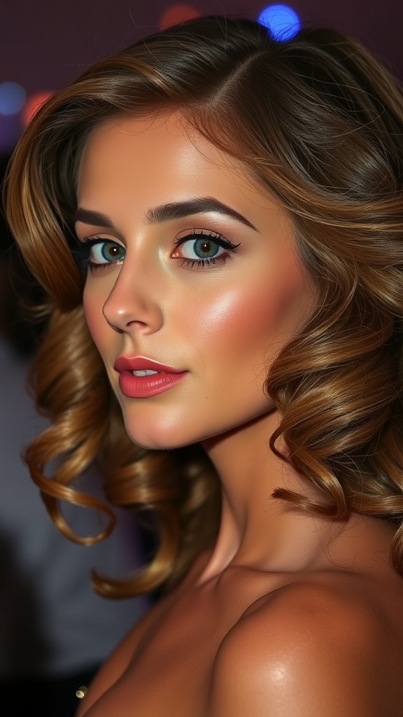 A model with side-swept curls, showcasing a glamorous 70s hairstyle.