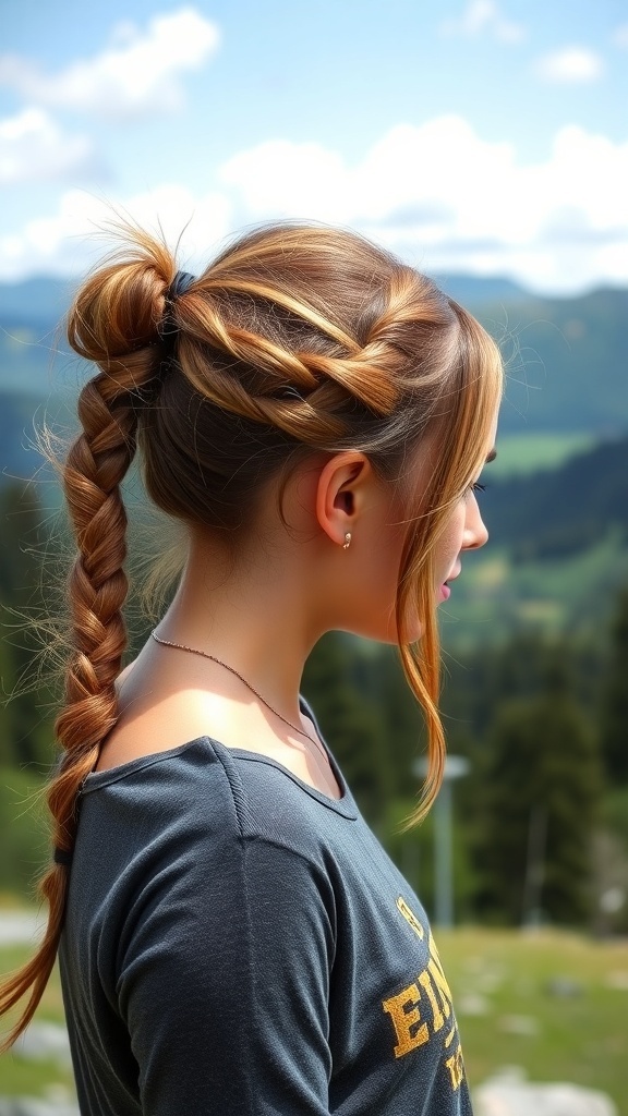 A woman with a side-swept feed-in braid hairstyle, showcasing a casual yet stylish look.