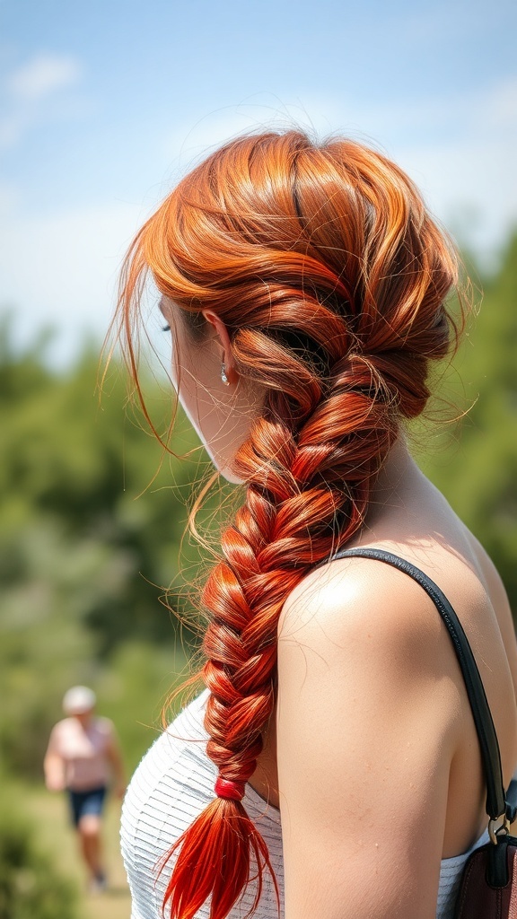A woman with vibrant red hair styled in a side-swept braid, set against a natural background.