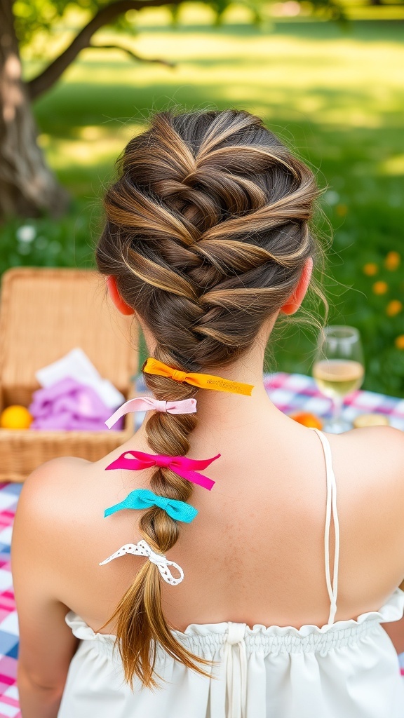 A woman with a side braid adorned with colorful hair ties, set against a sunny outdoor background.