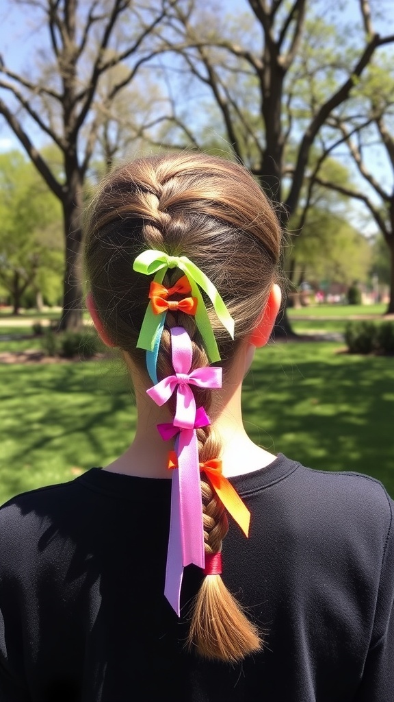 A side braid adorned with colorful ribbons, perfect for summer.