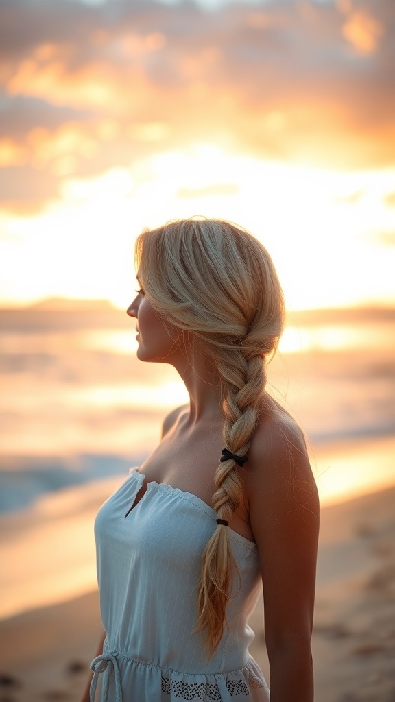 A woman with a side braid and loose waves standing by the beach during sunset.