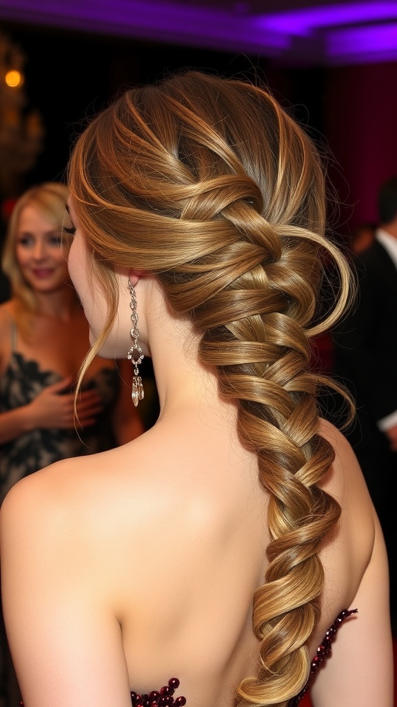 A side braid with loose waves, showcasing an elegant hairstyle perfect for formal occasions.
