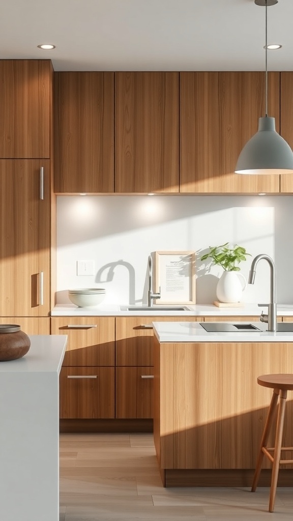 A modern kitchen featuring sleek bar pulls on wooden cabinets.