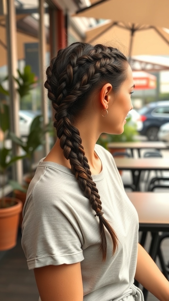 A woman with two braided hairstyles sitting at a cafe