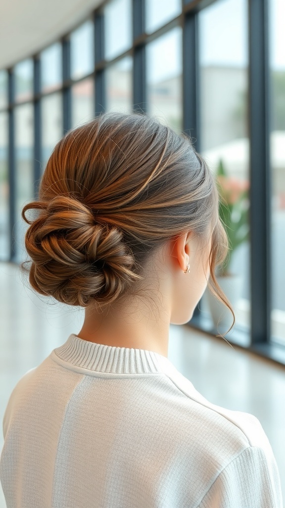 A woman with a sleek curly low bun hairstyle, showcasing elegant curls and a polished look.