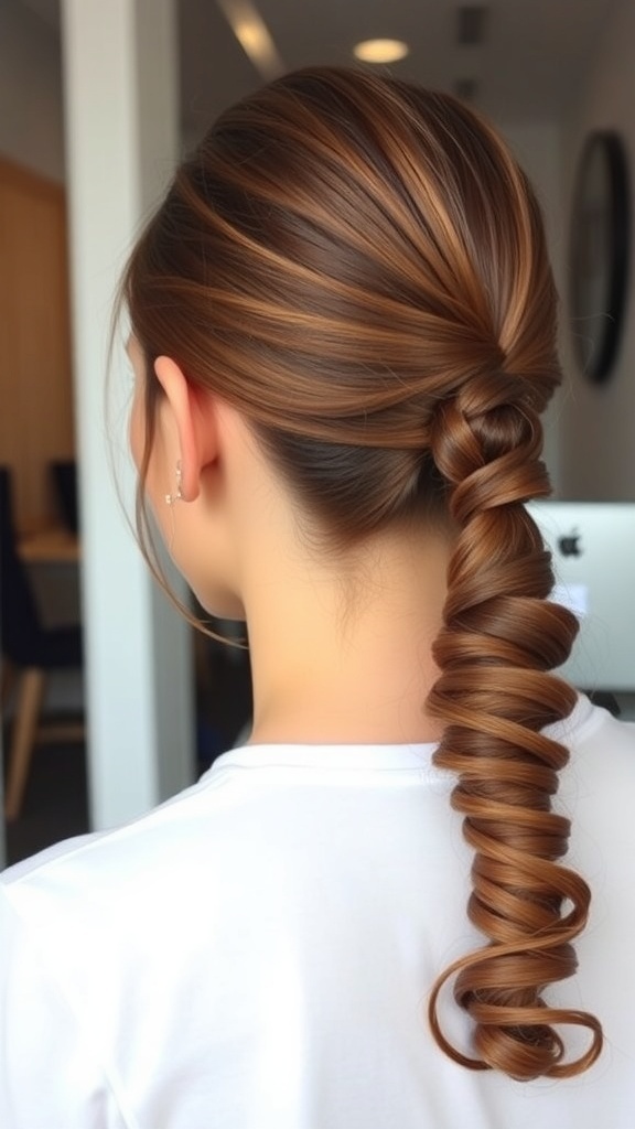 A sleek curly ponytail hairstyle with defined curls at the end.
