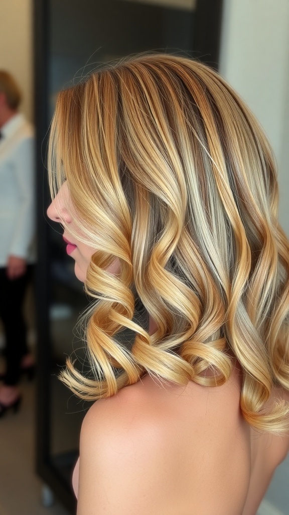 A woman with blonde curly hair styled in a sleek side part, showcasing defined curls and a polished look.