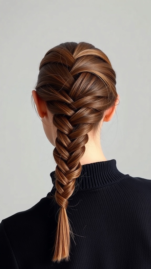 A sleek Dutch braid hairstyle, showcasing a neatly braided section of hair running down the back.