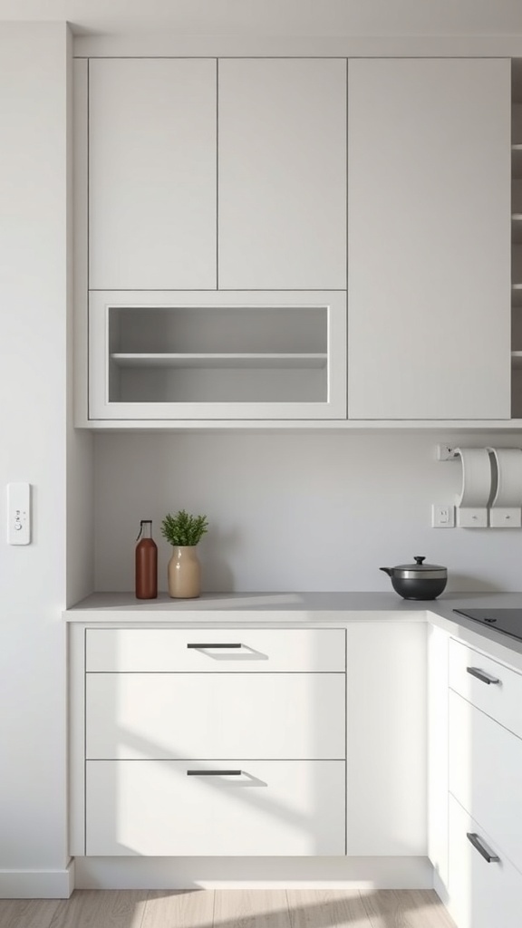 A sleek minimalist corner cabinet design in a modern kitchen.