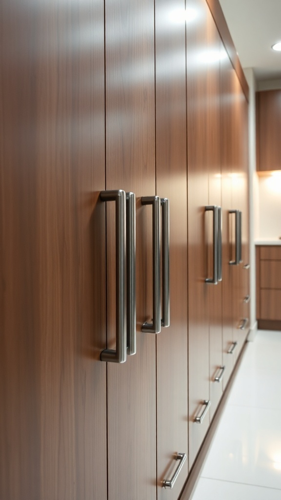 Close-up of kitchen cabinet doors with sleek stainless steel handles.