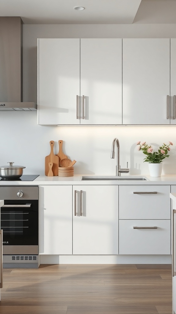Modern kitchen with sleek stainless steel cabinet handles