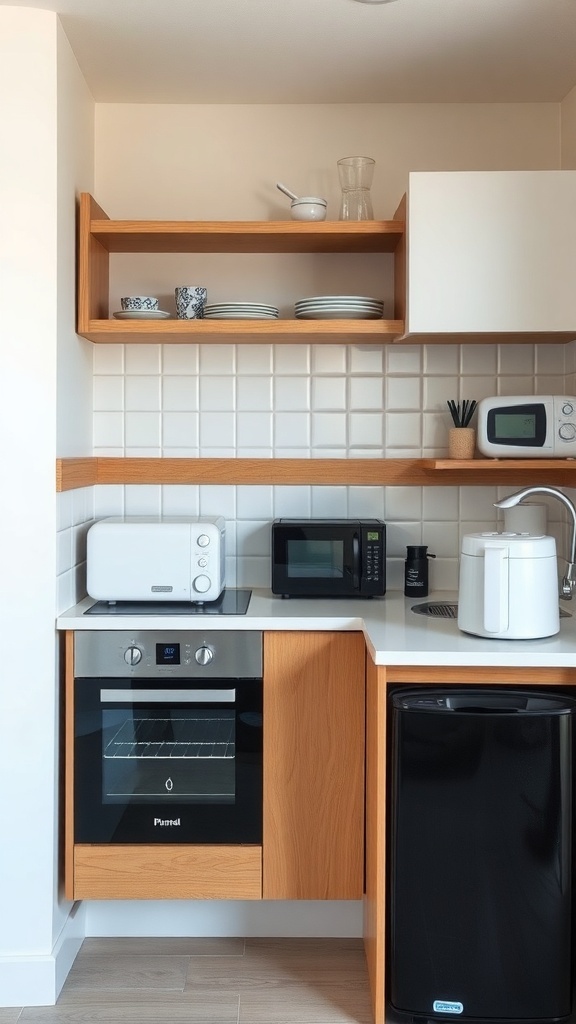 A compact kitchen featuring a microwave, toaster, and oven.