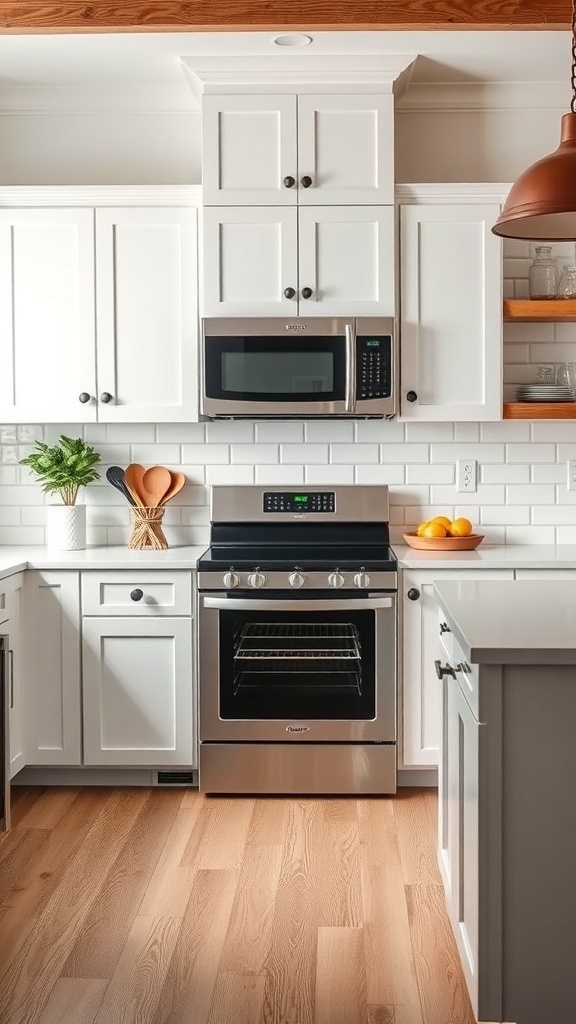 A modern farmhouse kitchen featuring smart appliances and a stylish design.