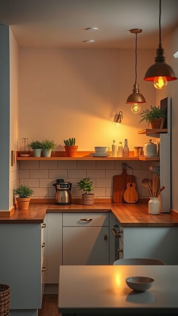 A cozy small Indian kitchen with warm lighting and plants.