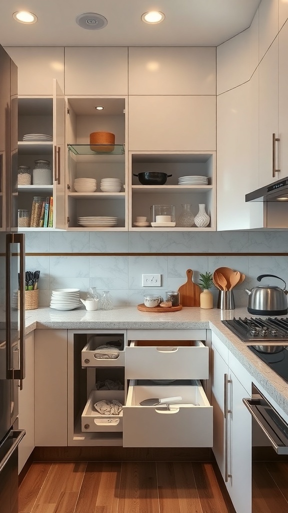 A modern Indian kitchen with organized shelves and drawers.