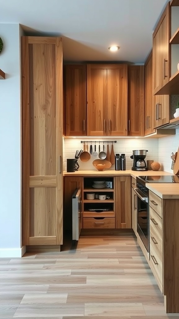 A modern rustic kitchen featuring wooden cabinets and smart storage solutions.