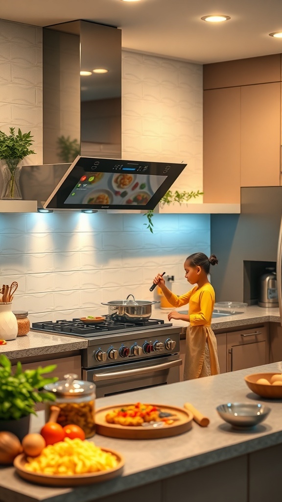 A child cooking in a modern kitchen with smart technology.