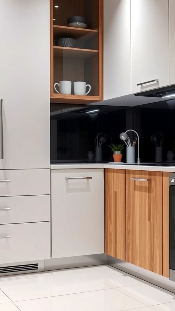 Modern kitchen cabinet with sleek handles and smart technology features.