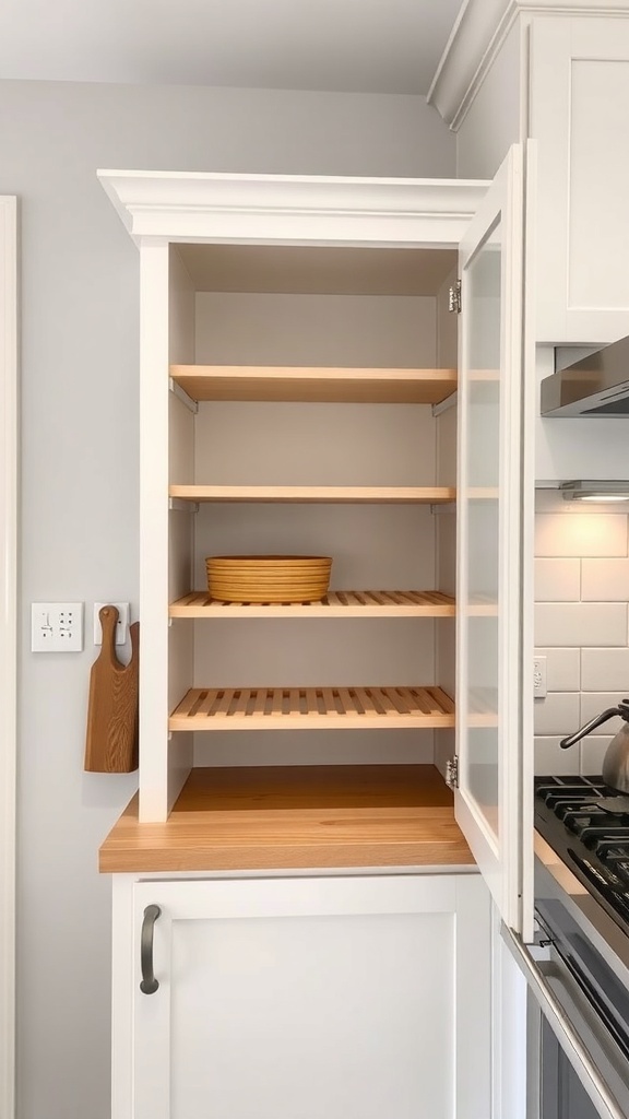 A corner cabinet with wooden shelves and a bowl inside.