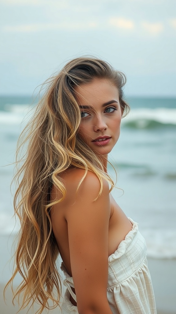 A woman with soft beachy waves standing by the ocean, showcasing a relaxed hairstyle.