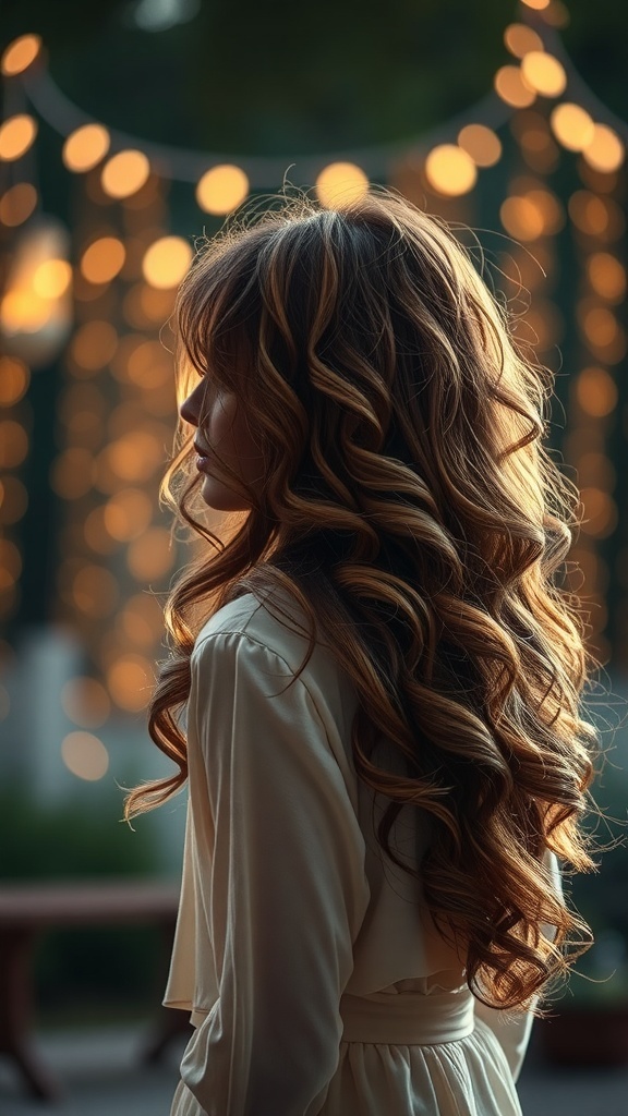A woman with soft curly layers, illuminated by warm lights in the background.