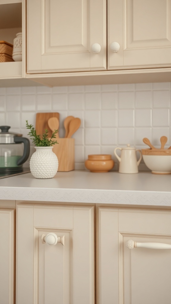 A kitchen with soft pastel knobs on cabinets, featuring a light and airy design.