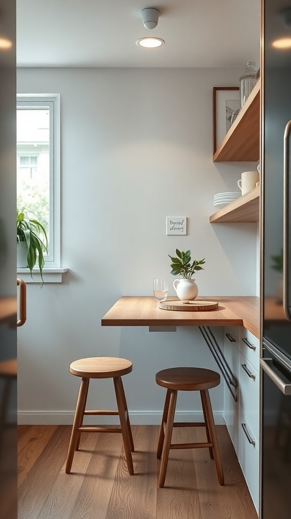 A small kitchen with a foldable table and two stools, showcasing a space-saving dining solution.