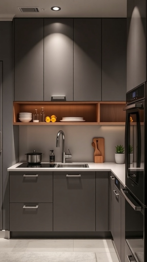 A modern modular kitchen with gray cabinets and open shelves, showcasing a clean and organized space.