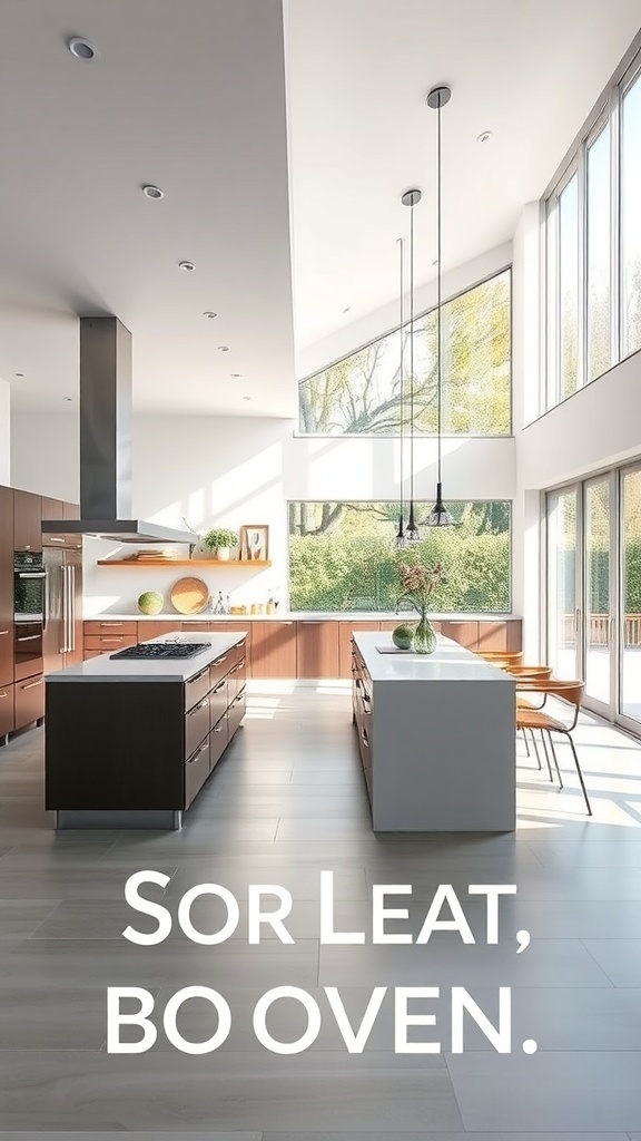 A spacious open kitchen with modern design elements and large windows.