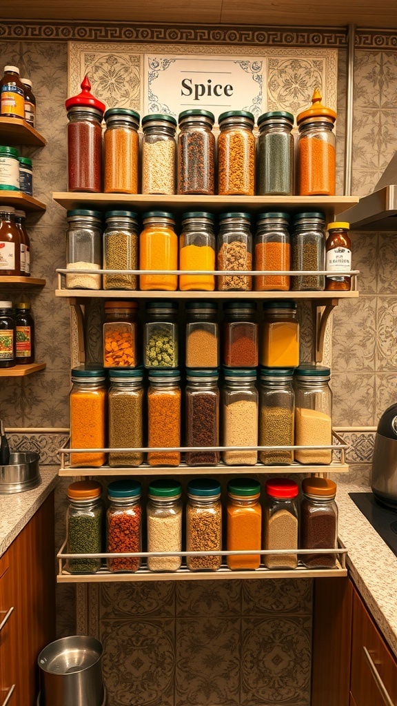 A well-organized spice rack displaying various jars of spices in an Indian-style kitchen.