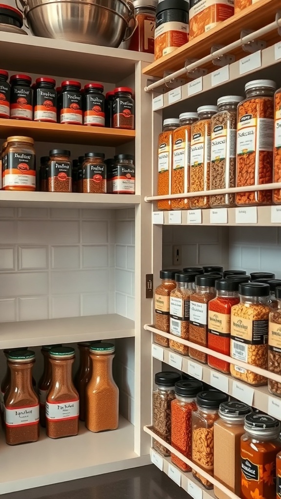 Organized spice rack with clear jars and labels.