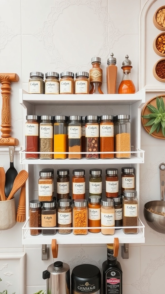 Organized spice rack with labeled jars and various spices in an Indian kitchen.