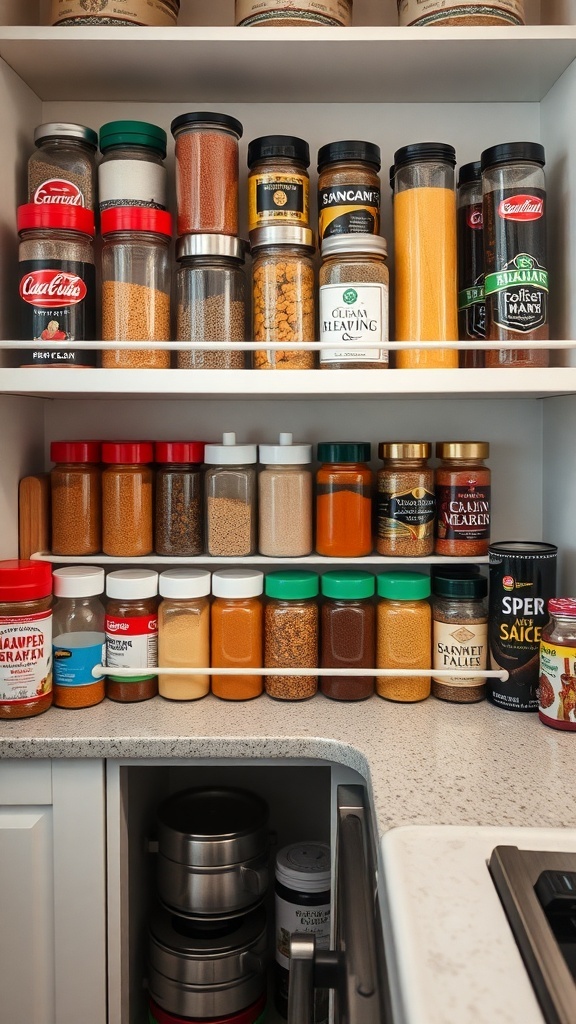 Organized spice rack with various jars and containers.