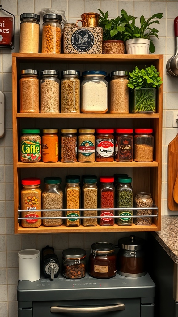 A spice rack with colorful jars, showcasing various spices and herbs.