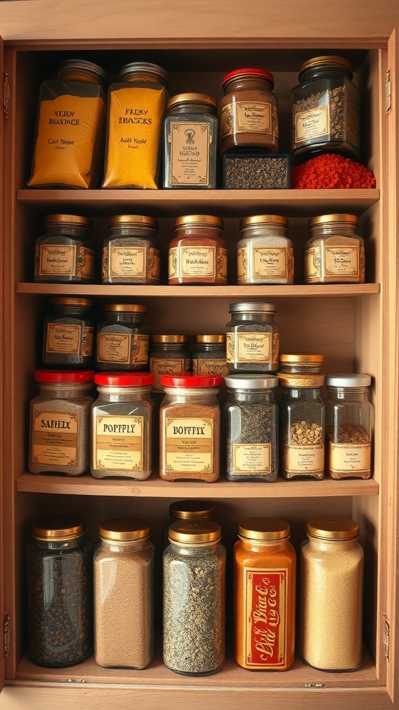 Traditional spice rack with labeled jars in an Indian kitchen