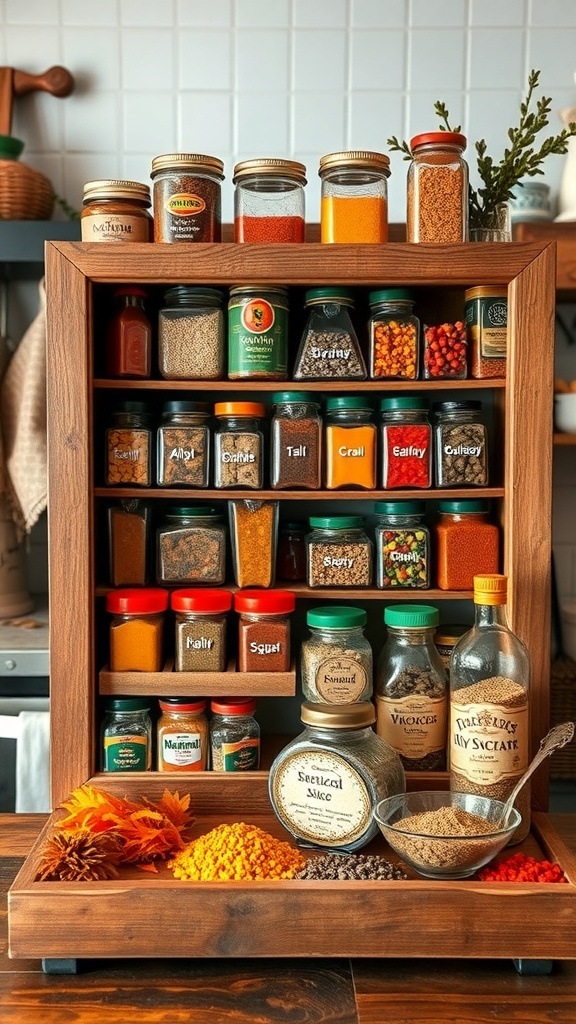 Spice rack displaying various traditional Indian spices in jars