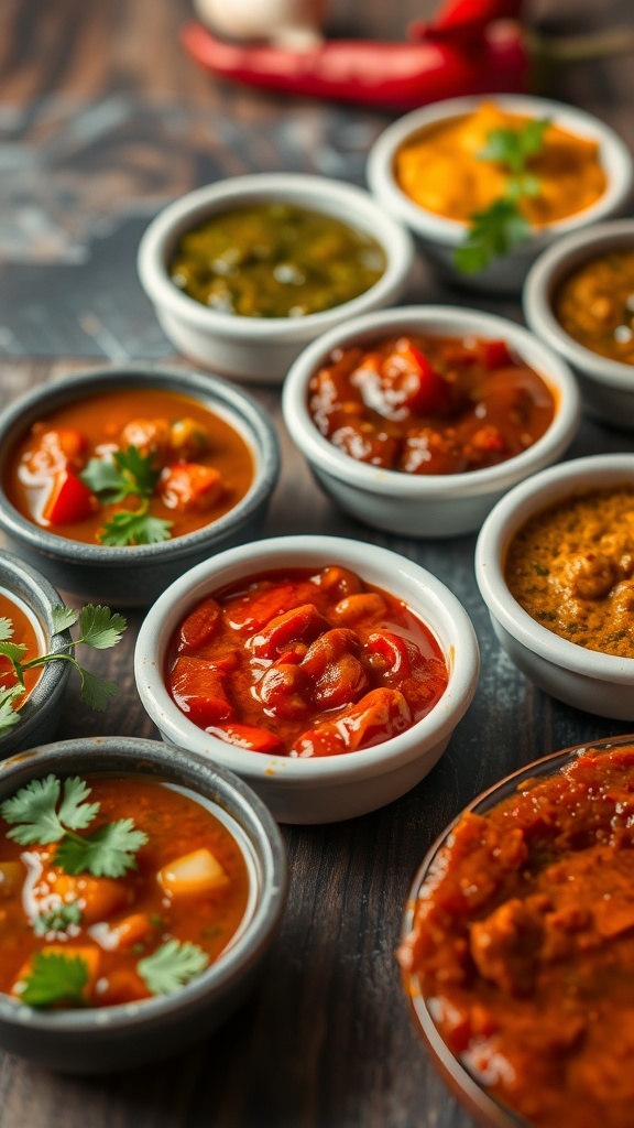 A variety of colorful chutneys served in small bowls, showcasing different textures and ingredients.
