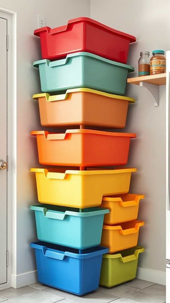 Colorful stackable bins organized in a corner for kitchen sink storage.