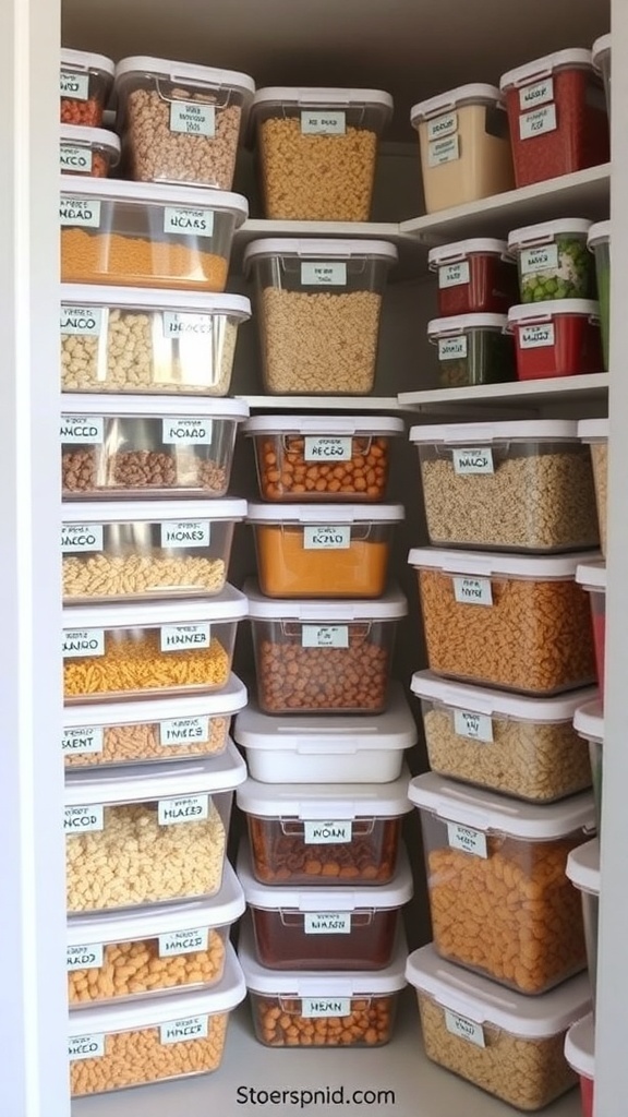 A neatly organized pantry with stackable food storage containers, labeled for easy identification.