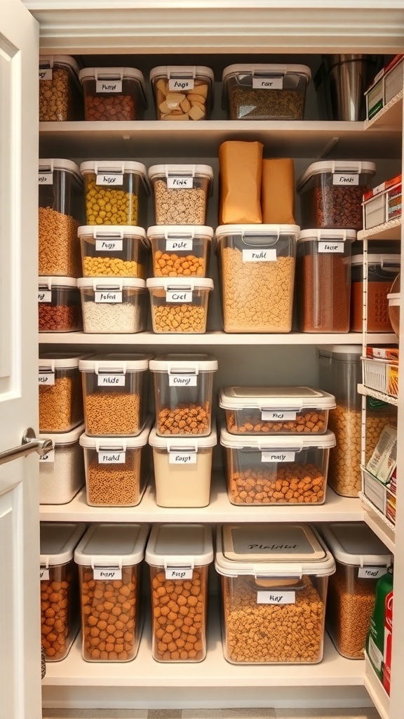 Organized pantry with stackable containers labeled for easy access.