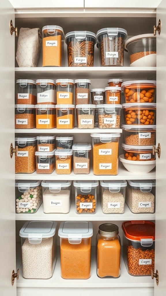 Organized pantry with stackable containers filled with various food items.