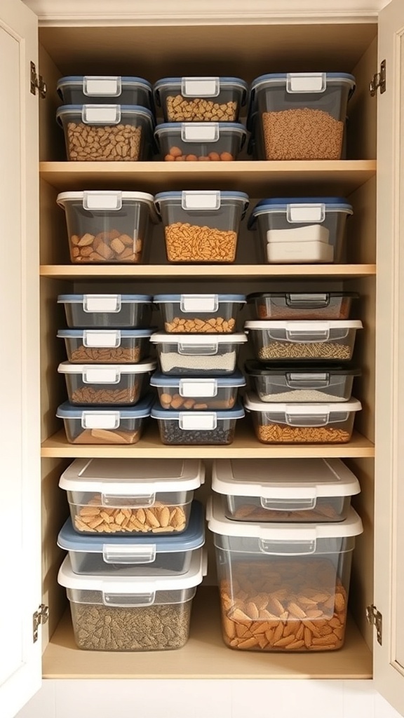 Organized corner kitchen cabinet with stackable containers filled with various food items.