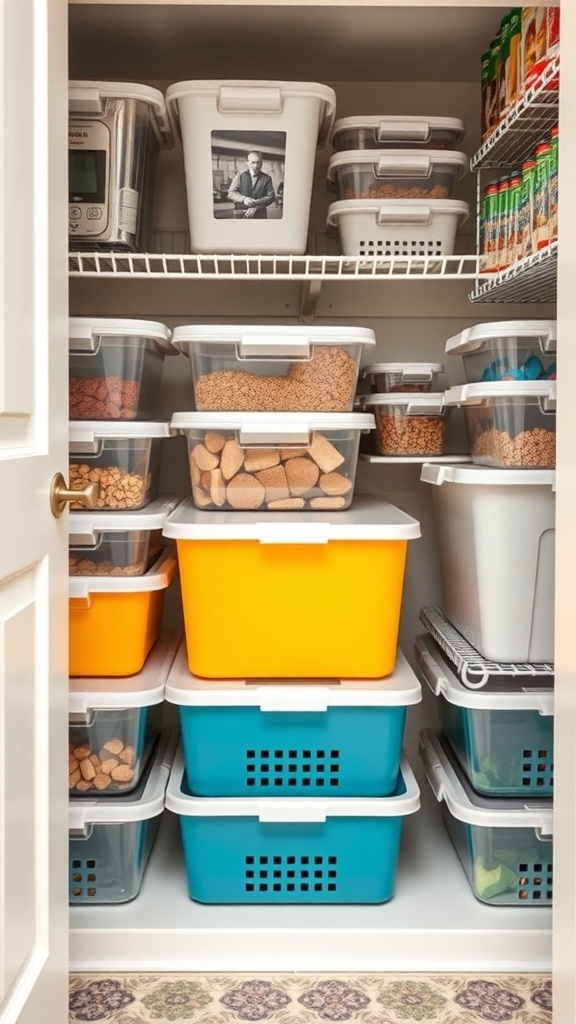 A neatly organized pantry with stackable storage bins in various colors.
